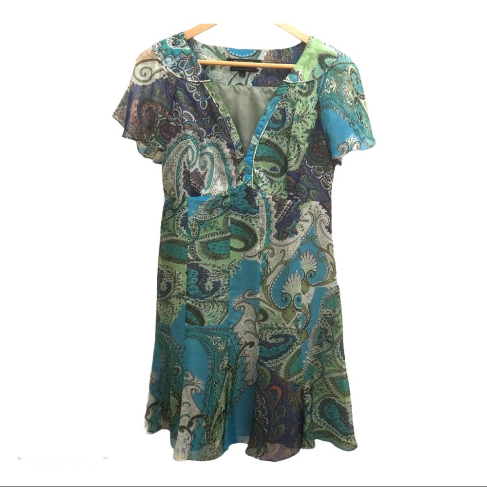 Blue-Green Paisley V-Neck Short Sleeve Dress